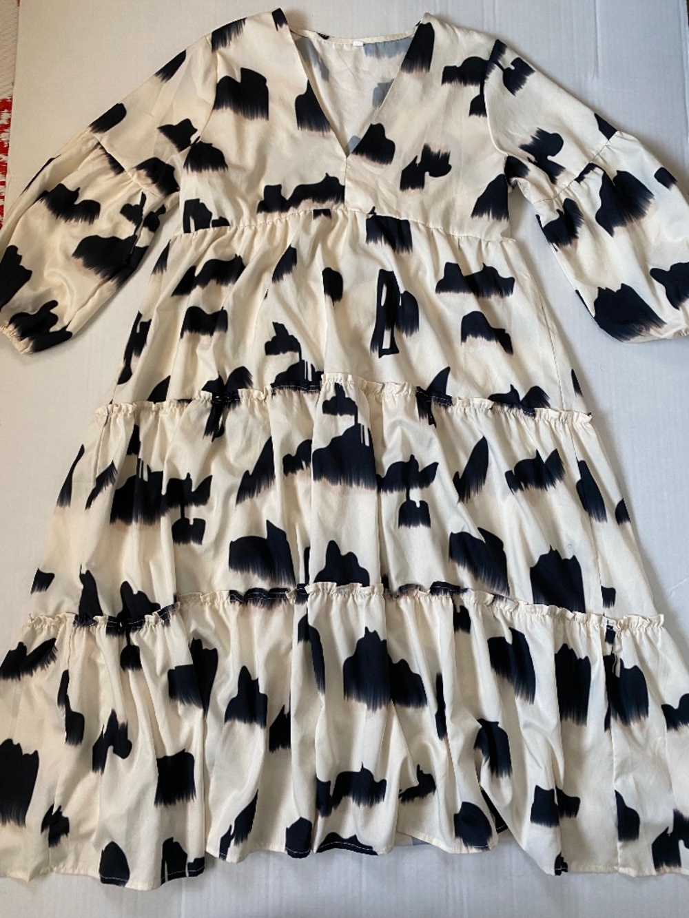 Women’s Black & Cream Abstract Print Tiered Midi Dress Size L | Boho